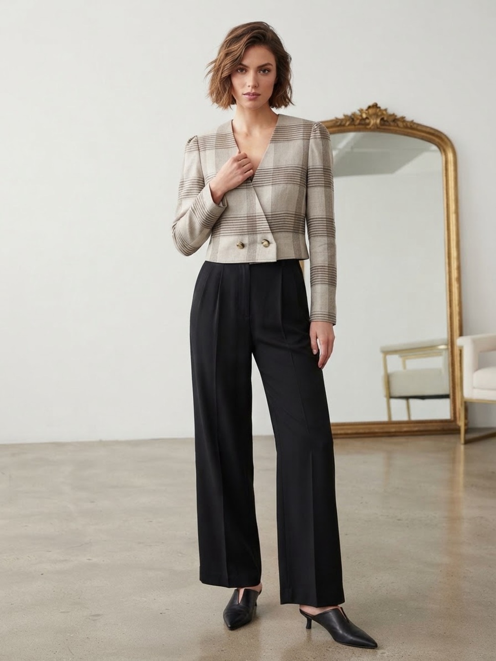Vintage J. Ellis Cropped Plaid Blazer Jacket Neutral Brown Ecru Small / Medium